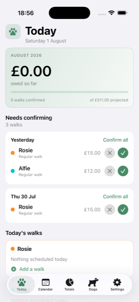 The Today screen, showing walks awaiting confirmation and the running total for the month.