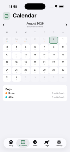 The month calendar, with a coloured dot for each dog's confirmed walks.