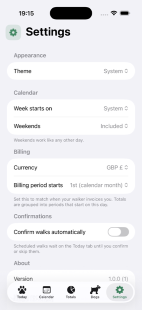 The Settings screen, showing calendar, billing and confirmation preferences.