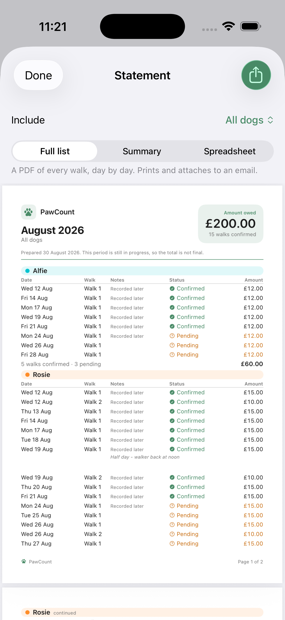 The export screen previewing a PDF statement for August, listing every walk by day for each dog with its status and price.