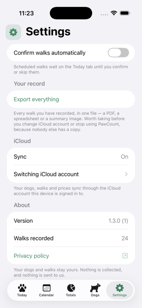 The iCloud section of Settings, showing sync switched on and a link to an explanation of what switching iCloud account does.