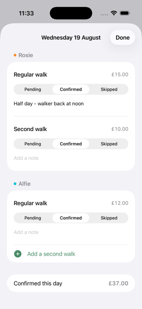 A day's walks opened from the calendar, with a note recorded against one walk and each walk's price ready to be corrected.